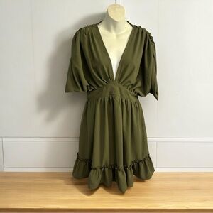 Grace Karin olive green high waisted fit and flare ruffle dress size Small retro